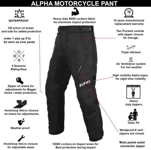 Pantalones de Moto para Hombre Todas las Estaciones Motocross Offroad Sobrepantalones Touring Aventura Dual Enduro Impermeables con Armadura CE (NEGRO, Cintura 34"-36" Entrepierna 30") - Imagen 2