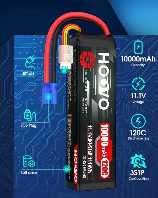 Bateria Lipo HOOVO 3S 11.1V 10000mAh 120C con Conector EC5 para Coches RC, Drones, DJI, FPV, Aviones RC, Hobby de Carreras 2 Pack - Imagen 2