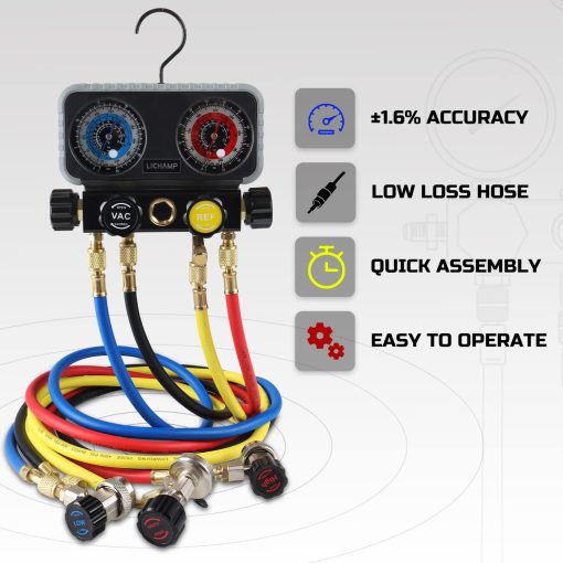 Juego de Manometros HVAC Lichamp R410A AC R134A, Freon R22 R32 410A 134A Juego de Manometros de Diagnostico con Kit de Mangueras Equipo de Recarga de Refrigerante para Aire Acondicionado - Imagen 3