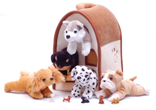 Edicion Especial SFS Gifts Unipak Casa de Perros de Peluche de 12" con 5 Perros de Peluche que Incluye un Bulldog y Husky y 5 Figuras de Perros Mini de Bono