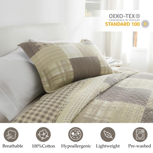 Juego de Edredon CozyStitch King - 100% Algodon Cuadros Geometricos Juego de Ropa de Cama con 3 Piezas en Marron Beige Blanco - Imagen 5