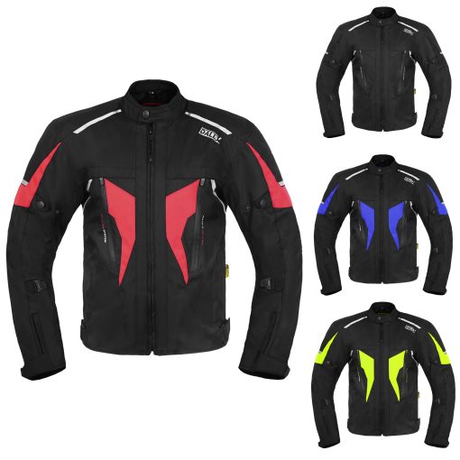 Chaqueta de Moto Textil para Aventura Todoterreno con Armadura CE para Hombres - Ajuste de Ancho y Cremallera de Ventilacion de Aire (Pequeño, Negro Rojo)