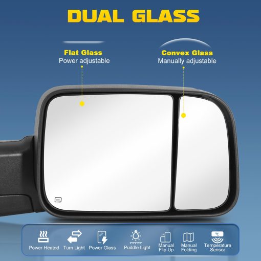 Espejos de Remolque Autenticos con Calefaccion y Potencia Compatible con Dodge Ram 1500 2500 3500 2009-2018 / Ram 1500 Classic 2019-2024 con Luz de Senal LED Sensor de Temperatura (Negro) - Imagen 2