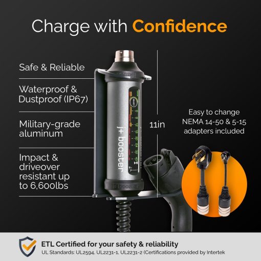Cargador de vehiculos electricos J+ Nivel 2 - Longitud de 21 pies, NEMA 5-15 & 14-50, Certificado ETL, 40 Amperios, 9.6 kW, 240V EVSE - 7 veces mas rapido Cargador electrico portatil para todos los EV's J1772 & Tesla, IP67 (Incluye estuche y montaje en pared) - Imagen 4