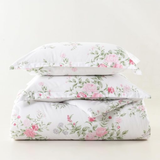 Juego de edredon King Floral Finlonte - Edredon de algodon tamano King, lujoso edredon acolchado de estilo farmhouse, 3 piezas de ropa de cama mullida para cama King durante todo el ano, Blanco/Rosa/Verde, 104"x90" - Imagen 7
