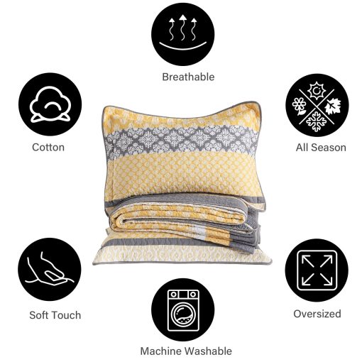 Colcha extragrande reversible de 100% algodon de 128"?120" para cama California King, juego de ropa de cama cubrecamas acolchados ligeros de estilo floral de granja, amarillo/gris - Imagen 6