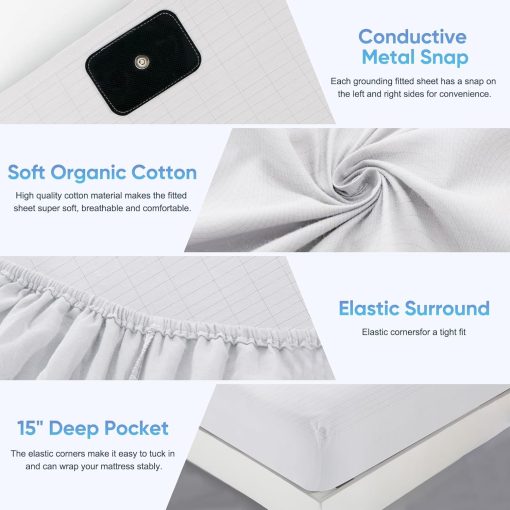 Sabana Ajustable de Conexion a Tierra Ellectrify - 35% Plata Pura y 65% Algodon Organico - Cable de Conexion para Conexion a Tierra, Sueno y Cama - Conexion a Tierra para Cama y Tierra (Full) - Imagen 7