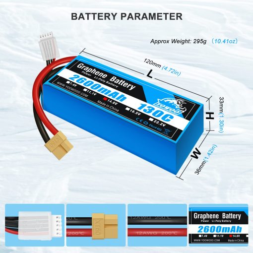 Paquete de 2 baterias LiPo YOWOO 14.8V 2600mAh 130C 4S con Enchufe XT60 para Coche Camion Truggy Avion Helicoptero Quadcopter Drone UAV FPV Barco RC Evader BX - Imagen 2