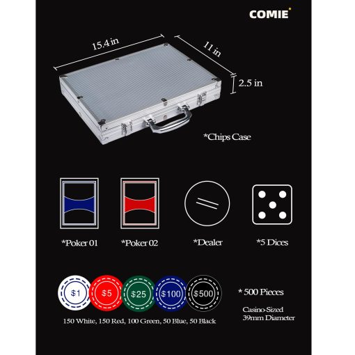 Fichas de poker con numeros, set de 500 fichas de poker con maletin de aluminio, set de poker de 11.5 gramos para Texas Holdem Blackjack Gambling - Imagen 5