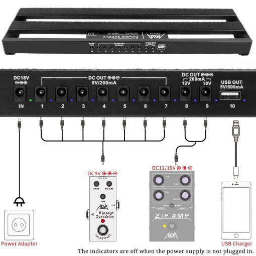 Pedalera de Guitarra AKLOT con Fuente de Alimentacion Incorporada Pedalera de Efectos para Guitarras Aleacion de Aluminio 19" x 5" con Bolsa, Cable de Pedal, Velcro - Imagen 3