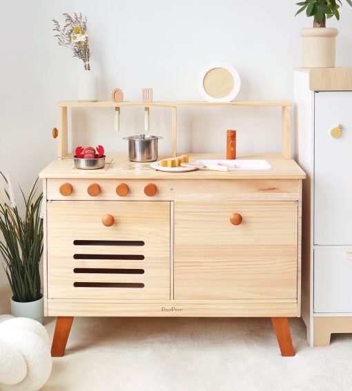 Set de Juego de Cocina de Madera PairPear para Niños, Cocinita de Juguete con Platos de Comida de Juego y Fregadero, Accesorios de Cocina de Juego para Niñas y Niños de 3+ Años