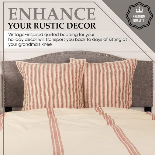 Colcha roja King Quilt de Piper Classics Market Place, Colcha de cama acolchada 100% algodon con rayas rojas, Edredon de cama Hand Quilted Grain Sack Bedding para decoracion bohemia, shabby chic y rustica de casa de campo (95?x105?) - Imagen 8