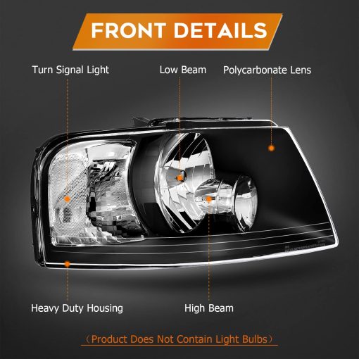 Conjunto de Faros Delanteros Para Ford Expedition 2003-2006 Carcasa Negra Reflector Claro Lente Claro Lado del Conductor y del Pasajero - Imagen 3