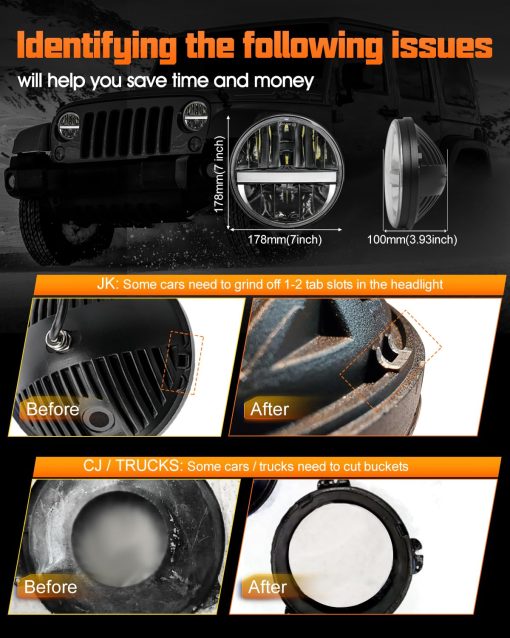Faro Led redondo de 7 pulgadas UNI-SHINE con Reflector 6024 Led Faro 7'' con Luz de Giro ambar Luces Diurnas Blancas  Aprobado por DOT Luces Altas/Bajas Compatible con Jeep Wrangler JK TJ CJ Compatible con Chevy - Imagen 6
