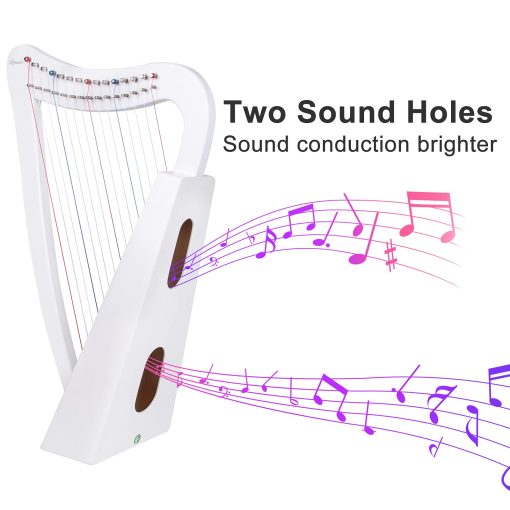 Arpa Lira, 15 cuerdas 22 pulgadas Instrumento Musical de Abedul Macizo Altura para Adultos Niños Principiantes con Llave de Afinacion Bolso Negro Correa (Blanco) - Imagen 5