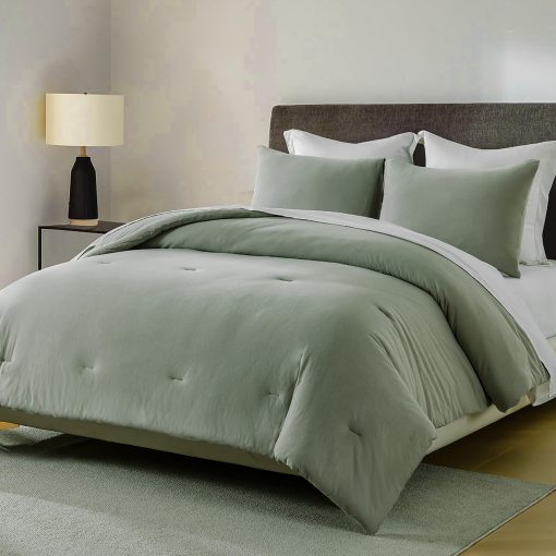 Juego de Edredon Queen Size de Algodon de Fibra Larga SahSahCasa - Edredon Esponjoso, Juego de Ropa de Cama 100% Algodon para Cama Queen, Edredon Transpirable Solido, Alternativa de Plumas, 90" x 90", 3 piezas, Verde Grisaceo - Imagen 2
