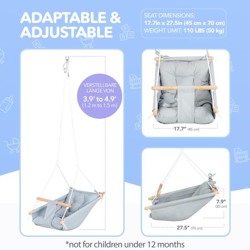 CaTeam - Columpio para Ninos de Lona, Asiento Columpio de Madera con Cinturon de Seguridad, Resistente Silla Columpio para Ninos, Columpio para Interiores y Exteriores para Ninos, Incluye Hardware de Montaje, Gris Azul - Imagen 4