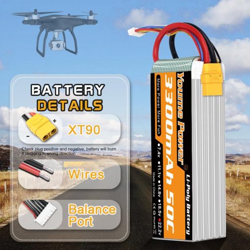 Bateria LiPo de 22.2V 3300mAh, Bateria Lipo 6S 50C XT90 Tapon para Avion RC Helicoptero RC Quadcopter Drone Coche Camion Barco Modelo (2 Paquetes) - Imagen 4
