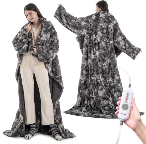 Manta termica portatil WOOMER 50?70?, Suave Faux Fur y Acogedor Sherpa con Bolsillos para los Pies y Mangas, 4 Niveles de Calentamiento y Apagado Automatico de 4H, Certificado ETL, Lavable a maquina