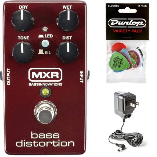Pedal de Distorsion para Bajo Briskdrop MXR M85 con Fuente de Alimentacion Dunlop ECB003 y Paquete de Puas Variadas Dunlop (M85bundle2)