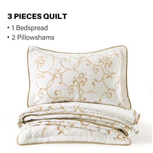 Quilta Colcha de algodon 100% tamano Queen extragrande - 102"x120" Beige Patron de bordado floral Juego de edredon, Colcha elegante y texturizada, Juego de ropa de cama suave y ligero de 3 piezas, Beige/Tan - Imagen 5