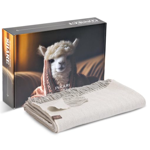 Manta de Lana de Alpaca Inkari I 83" x 55" I Super Suave Manta de Lana Hecha de Alpaca y Lana Merino para Sofa y Cama (Espina de Pescado-Plata)