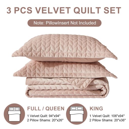 Edredon de Terciopelo Ivellow King Size, Rosa Colcha Ligera Completa Suave Reversible para Todas las Estaciones, Juego de Cama de Lujo de 3 Piezas de Terciopelo con Microfibra Cepillada con Cubierta Acolchada Bordada de Hojas - Imagen 7