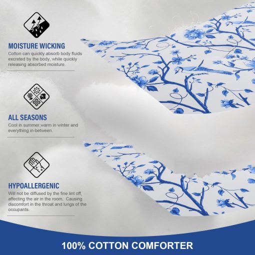 Set de Edredon Queen Size FineStichery, 100% Algodon de Fibra Larga Azul Ramas Florales, Juego de Ropa de Cama Acolchado Reversible de Estilo Granja Suave con Alternativa de Plumon y 2 Fundas de Almohada para Todas las Estaciones - Imagen 5