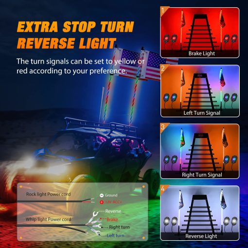 Nilight 2PCS 4FT RGB Luces de latigo LED y 4 PCS RGB Luces de roca Combo, Control Remoto y de la Aplicacion con Patrones de Seguridad de Luz de Parada de Giro de Persecucion DIY Luces Iluminadas de Antena para ATV UTV, Garantia de 2 Anos - Imagen 3