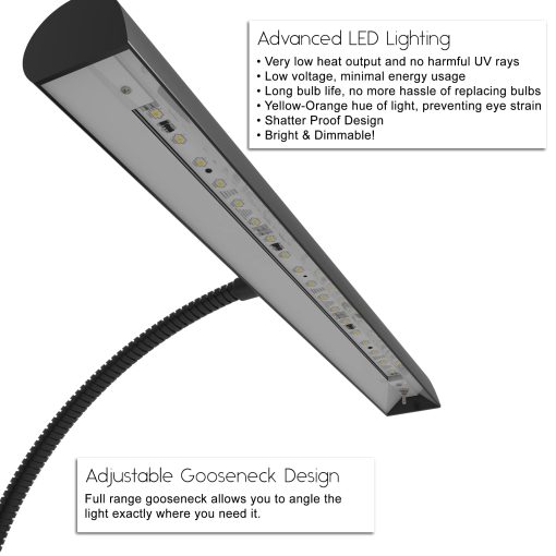 Lampara de Piano Cocoweb 14", LED, Ajustable, Iluminacion de Calidad en Negro con Detalles en Laton, Paquete de Bateria Recargable - GPLEDV-14D-BP4 - Imagen 4