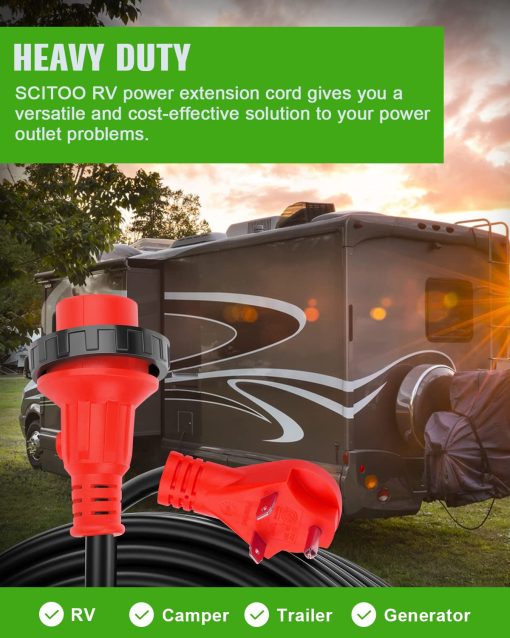 SCITOO Cable de Extension para RV de 30 Amperios 50 Pies, Cables de Calibre 10AWG/3C de Servicio Pesado con Enchufe NEMA TT-30P Macho y Hembra NEMA TT-30R a Adaptador Macho de 15 Amperios para Remolque de RV Campistas Caravana, ETL/CETL Listado - Imagen 8