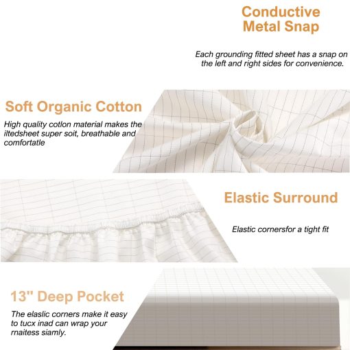 Sabanas de conexion a tierra, Sabanas ajustables de conexion a tierra 90% algodon organico + 10% fibra de plata pura, Utilizadas para mejorar el sueño y aliviar el dolor Sabanas de conexion a tierra para la cama (Blanco, King) - Imagen 4