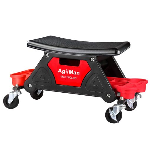Taburete Mecanico AgiiMan - Taburete Rodante para Detallado de Garaje con Ruedas, Bandeja de Herramientas de Reparacion, 2 Cajones de Almacenamiento de Herramientas bajo el Asiento, Capacidad de 300 Lbs