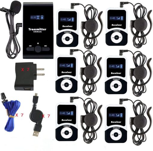 Sistema de Guia Turistica Inalambrico EXMAX ATG-100T 195MHz Headsets de Sistema de Transmision de Voz para Traduccion Simultanea en Iglesias Equipos de Interpretacion de Ensenanza Conferencias Viajes (1 Transmisor 6 Receptores)