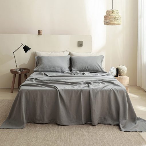 Juego de sabanas 100% lino Simple&Opulence estilo basico, bolsillo profundo, suave juego de sabanas transpirables de lino lavado frances natural 4 piezas - Gris ultimo, Reina - Imagen 8
