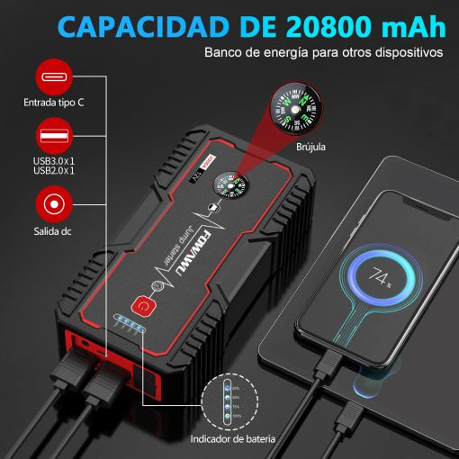 Arrancador de Coche FOWAWU 2000A Pico 20800mAh Portatil para Automovil (Hasta 7.5L de Gasolina y 6.0L de Diesel), Bateria de Arranque de Coche con Cable Inteligente de Seguridad, Luz LED USB Salida DC 12V - Imagen 4