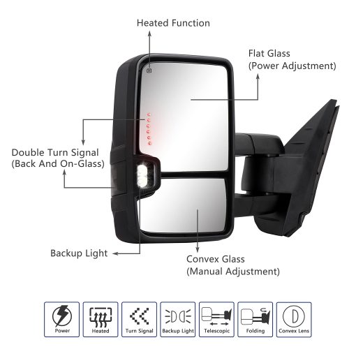 Espejo de remolque para Silverado Sierra - Espejo de remolque Chevy Silverado GMC Sierra 2007-2013 con vidrio calefactado de ajuste electrico, luz de senal de giro, lampara de respaldo extensible, par pintado en negro 8555 - Imagen 2