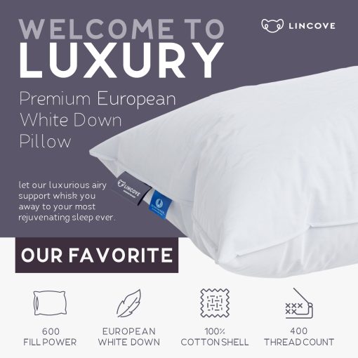 Almohada Lincove 100% European Down Venus - Relleno de Plumon Aleman de 600 Fill Power, Funda de 400 Hilos, Hecha en Canada - Coleccion de Lujo, King - Suave - Imagen 2