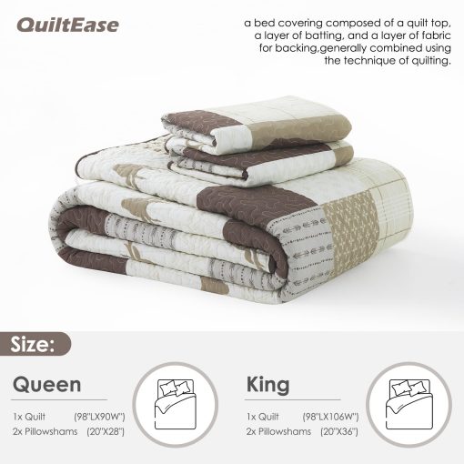 Juego de Edredones a Cuadros QuiltEase Tamaño Queen - Juego de 3 Piezas - Edredon de Granja de Algodon 100% para Todas las Estaciones - Juego de Conforter Reversible Ligero - Crema/Marron/Gris - Imagen 5