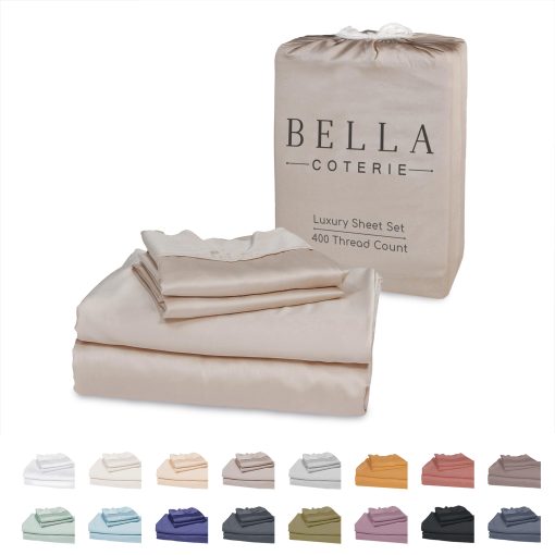Juego de sabanas de lujo Queen Bamboo de Bella Coterie | Cultivado organicamente | Ultra suave | Refrigerante para personas que duermen calientes | Bolsillo profundo de 18" | Viscosa hecha de bambu [Dune]