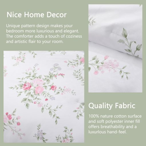 Juego de edredon King Floral Finlonte - Edredon de algodon tamano King, lujoso edredon acolchado de estilo farmhouse, 3 piezas de ropa de cama mullida para cama King durante todo el ano, Blanco/Rosa/Verde, 104"x90" - Imagen 5
