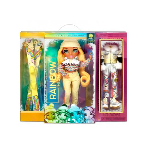 Rainbow High Winter Break Sunny Madison - Muneca de moda amarilla y juego con 2 conjuntos de disenador, par de esquis y accesorios - Imagen 5