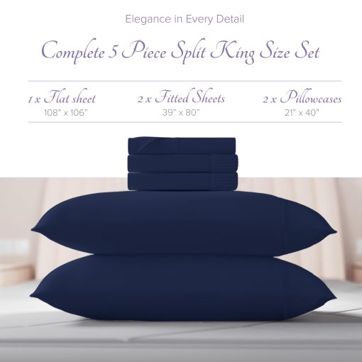 Juego de Sabanas Divididas Carressa Linen 100% Algodon Egipcio para Cama Ajustable - 600 Hilos 5 PC Juego de Sabana Dividida King Size Superior, Bolsillo Profundo de 16" Suave Sabanas de Enfriamiento Split Top King - Azul Marino - Imagen 3