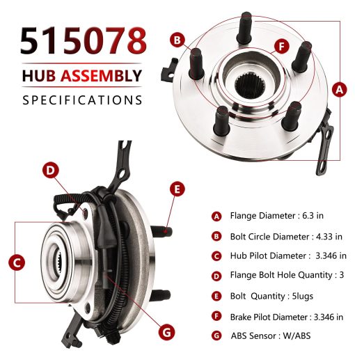 Juego de 2 Cojinetes de Rueda Delantera y Ensamble de Cubo para Ford Explorer 2006-2010, Ford Explorer Sport Trac 2006-2010, Mercury Mountaineer 2006-2010, 5 Pernos con ABS - Imagen 3