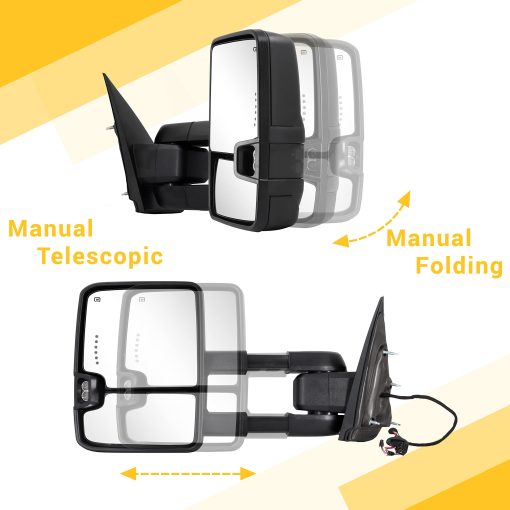 Espejos de Remolque Compatibles con Chevy Silverado GMC Sierra 2014-2018 1500 2500 HD 3500 HD con Vidrio Electrico Flecha LED de Señal de Giro Lampara de Marcha Atras Luz Corriente Funciones Extensibles Juego de Pares - Imagen 5