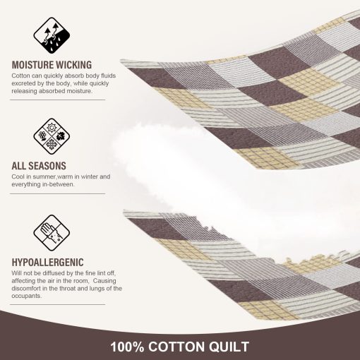 Juego de Edredon Queen Size Y-PLWOMEN, Edredon Queen 100% Algodon, Juego de Edredon Plaid Amarillo Marron Blanco Queen, Colcha Reversible Ligera Queen para Todas las Temporadas, 3 Piezas - Imagen 4