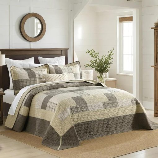 Colcha de Cama Queen 100% Algodon de 120"x102" - Juego de Ropa de Cama Ligero de Estilo Granja, 3 Piezas Edredon Reversible de Lujo en Cuadros Suaves, Beige/Marron