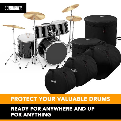 Estuches para tambores (5 piezas) - Set de bolsas de viaje para kits estandar de tambores - Diseño resistente y acolchado grueso para la proteccion de tu bateria - Incluye bolsa de bombo de 22", estuche de 12" para tom, estuche de 13" para tom, estuche de 16" para tom, estuche de 14" para caja - Imagen 6