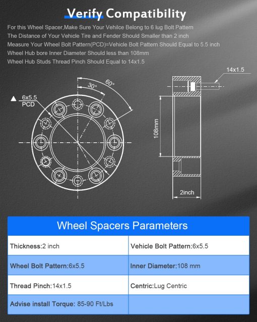 ECCPP 2PCS 2" 6x5.5 a 6x5.5 Separadores de Rueda 6x139.7 a 6x139.7 108mm 14x1.5 Pernos para Chevrolet Silverado 1500 1999-2014, Suburban 1500 2000-2014 y Tahoe 1995-2014 - Imagen 3