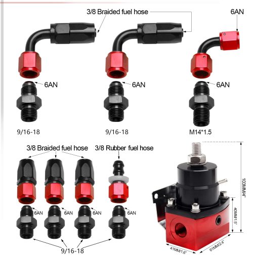Kit de regulador de presion de combustible EFI WENJTP con medidor de presion de 0-100psi AN6-6AN, ajustable de aluminio, conexiones universales para manguera de combustible en negro y rojo HTRACING - Imagen 5